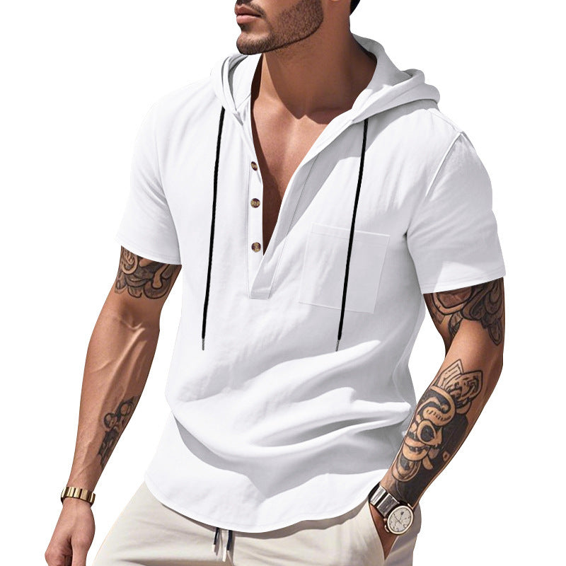Herren Kurzarm-Henley-Hemd mit Kapuze und Knopfleiste Drune