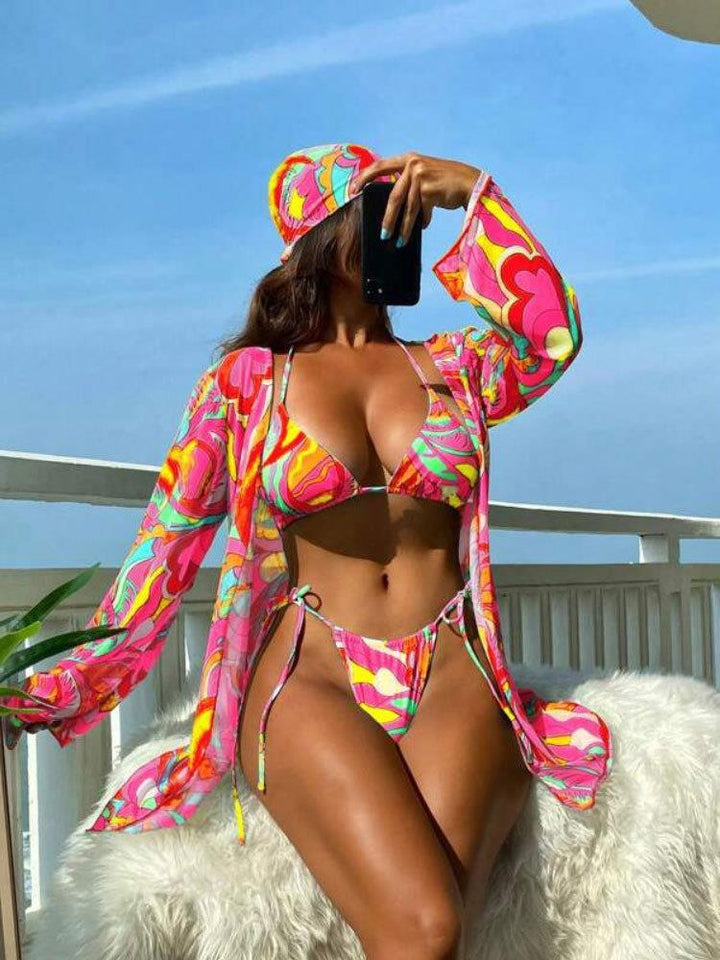 Damen Triangel-Bikini mit langärmliger transparenter Strandjacke Drune