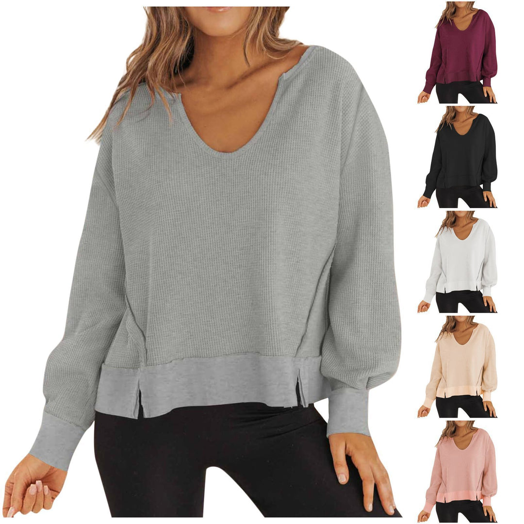 Damen Lässiger Pullover mit V-Ausschnitt und seitlichen Schlitzen Drune