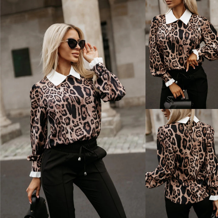 Damen modisches Blusenshirt mit trendigem Leopardenmuster und eleganter Kragenverzierung Drune