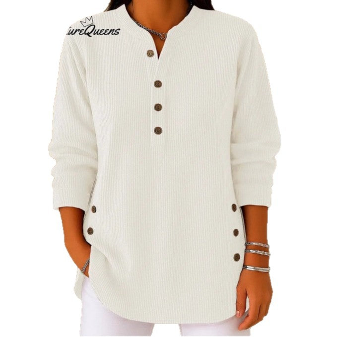 Damen Langarmshirt mit Knopfleiste und modernen Seitenknopfdetails Drune