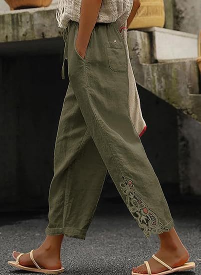 Damen luftige Leinenhose mit dekorativen Stickereien Drune