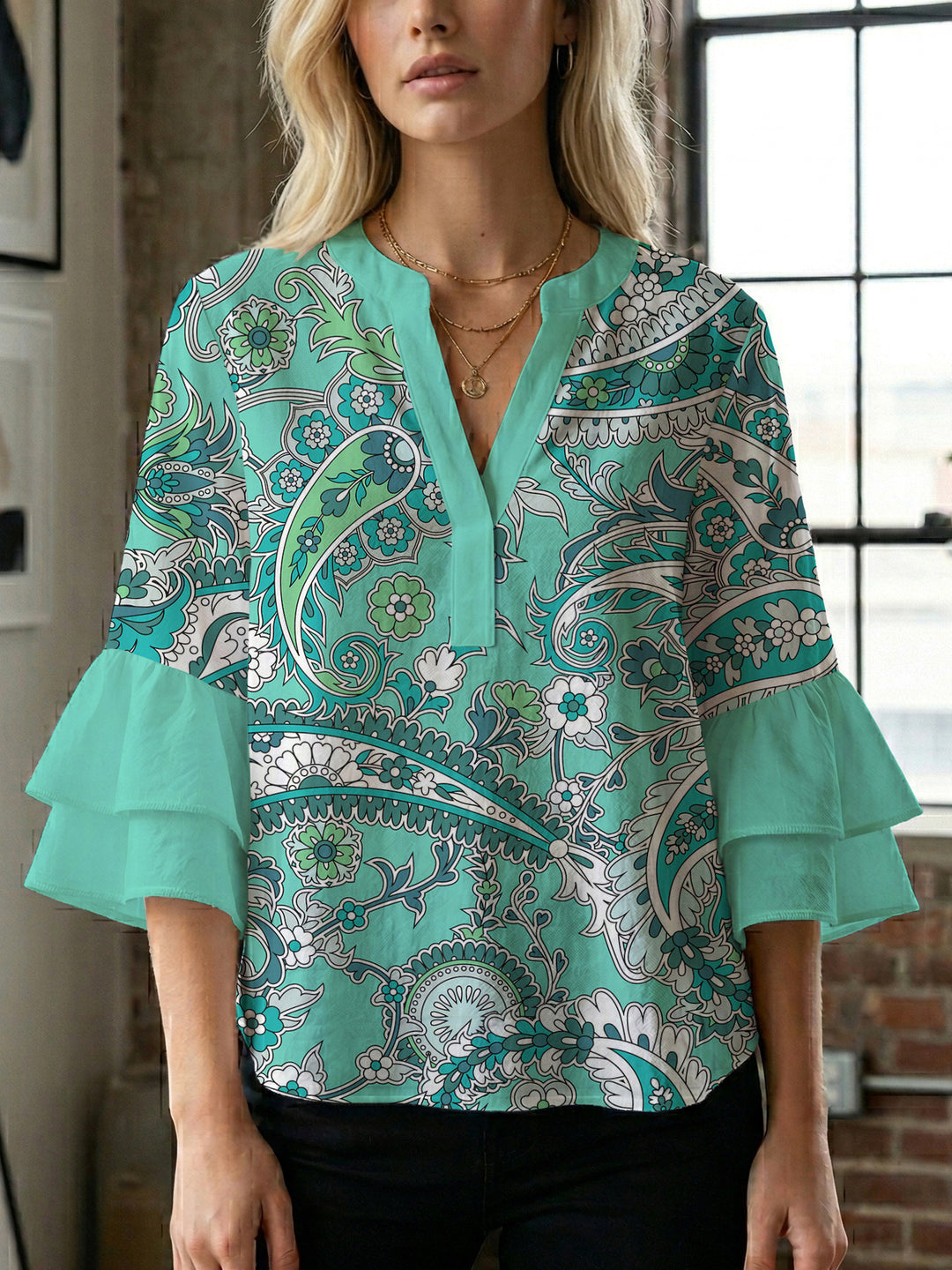 Damen elegantes Blusenshirt mit voluminösen Rüsenärmeln und grafischem Blumendesign Drune