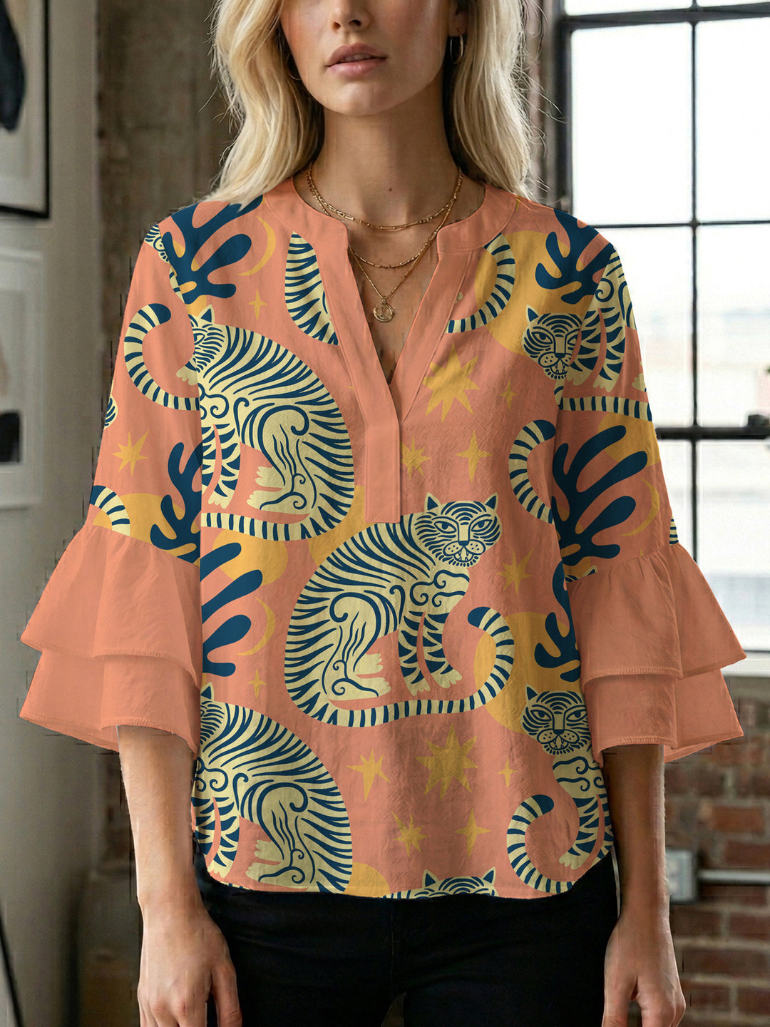 Damen elegantes Blusenshirt mit voluminösen Rüsenärmeln und grafischem Blumendesign Drune