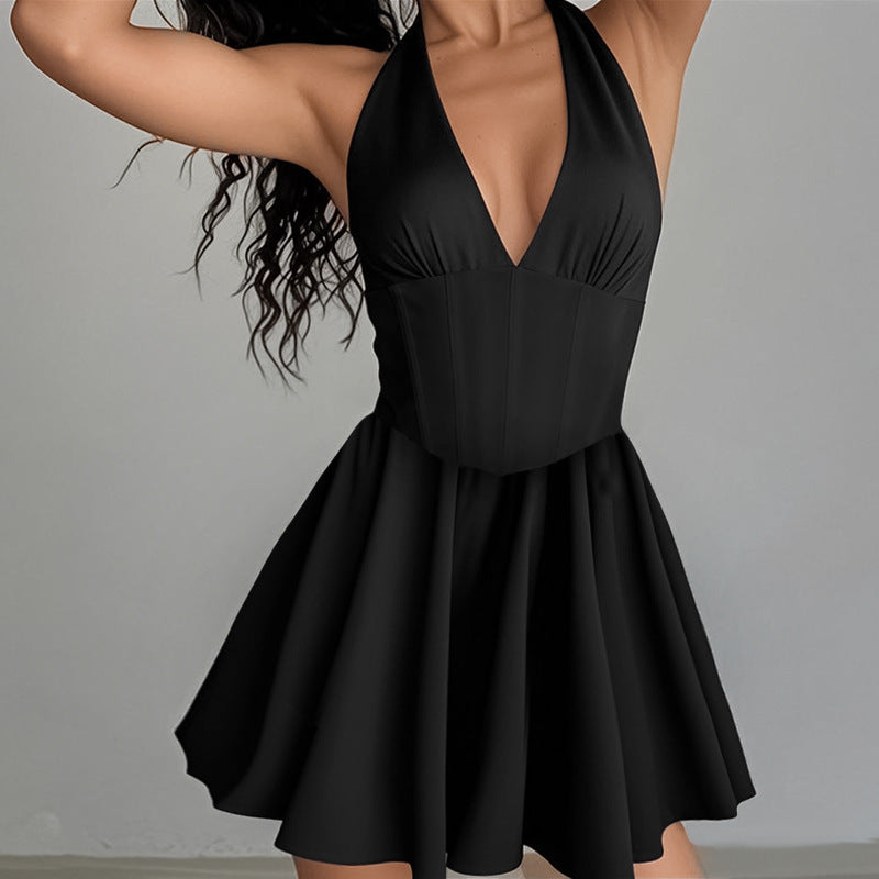 Damen Verspieltes Cocktailkleid mit tiefem V-Ausschnitt und fließendem Rock Drune