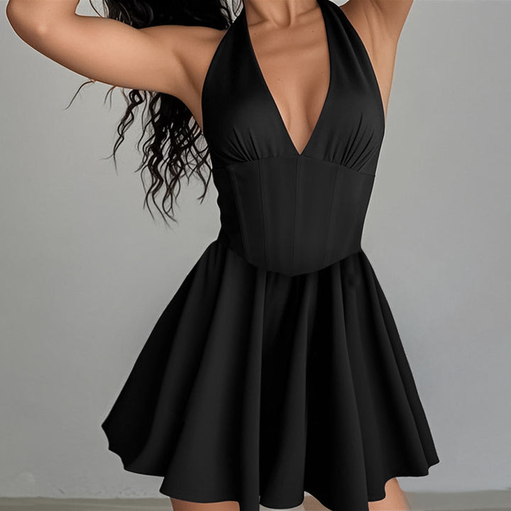 Damen Verspieltes Cocktailkleid mit tiefem V-Ausschnitt und fließendem Rock Drune