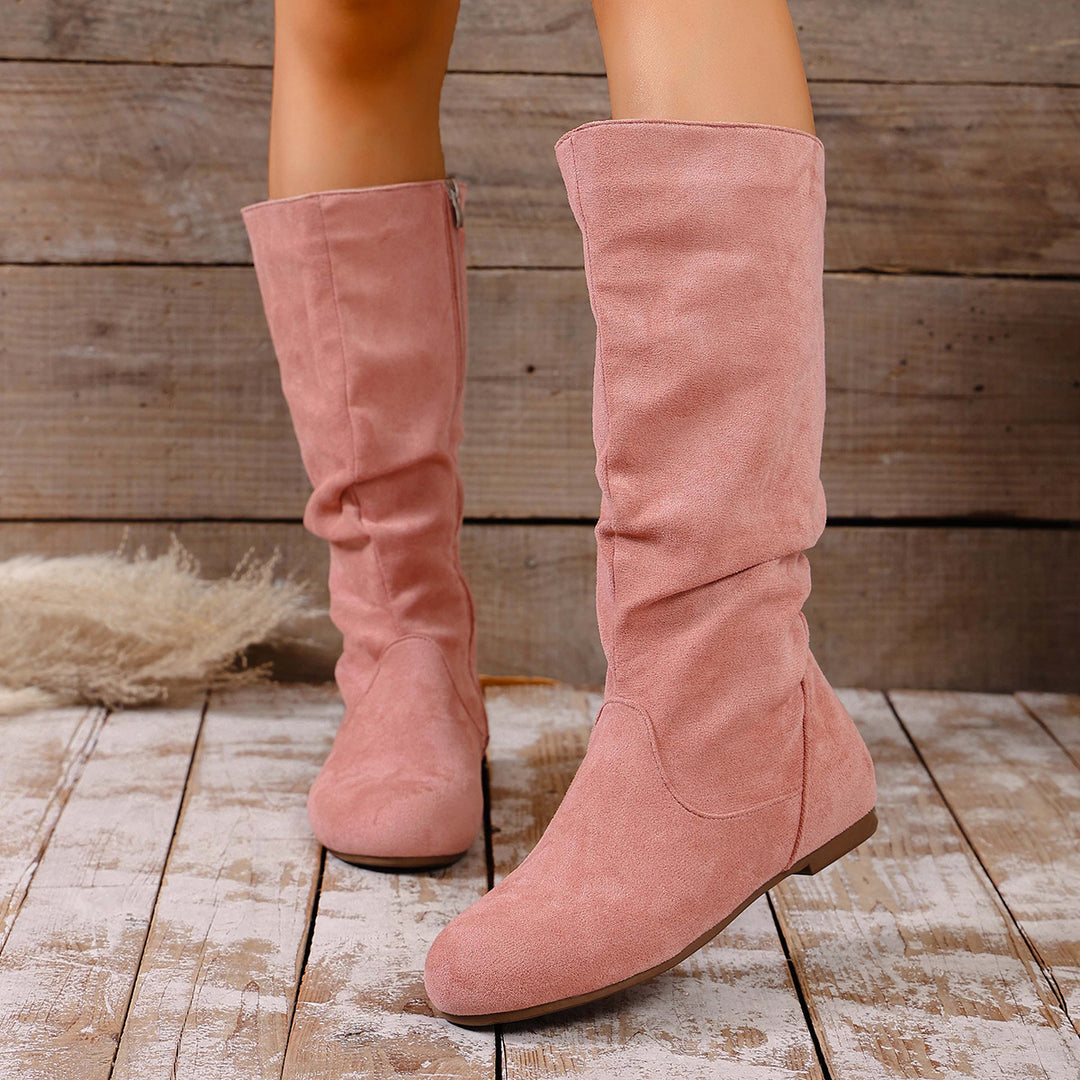 Damen kniehoher Slouch-Stiefel mit seitlichem Reißverschluss und flacher Profilsohle Drune