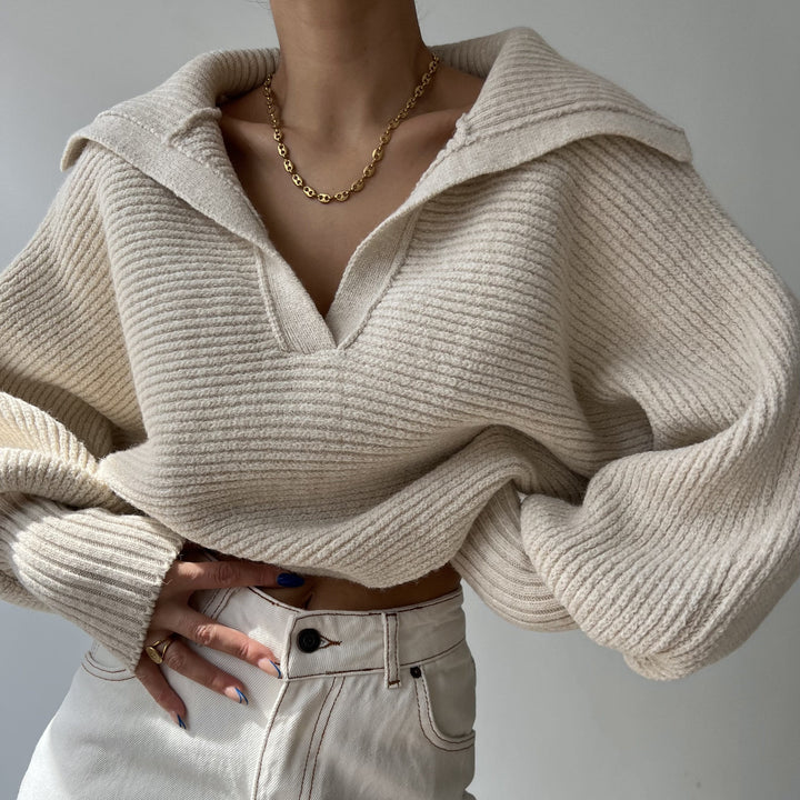 Damen nan Grobstrick-Pullover mit weitem Kragen und V-Ausschnitt Drune
