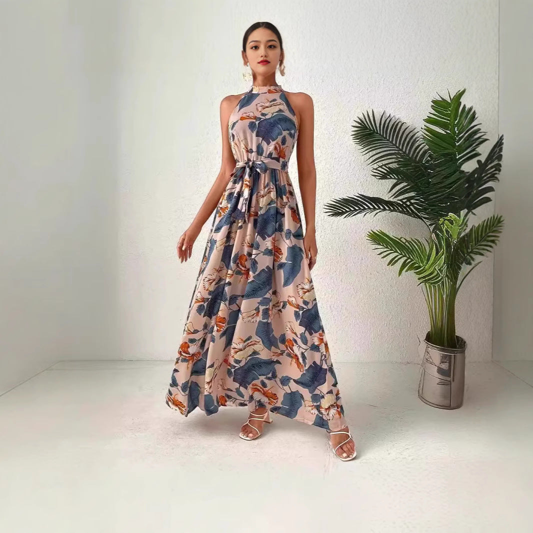 Damen Maxikleid im Boho-Stil mit elegantem Halterneck und seitlichem Bindegürtel Drune