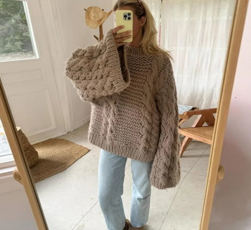 Damen oversize Strickpullover mit Zopfstrickmuster Drune