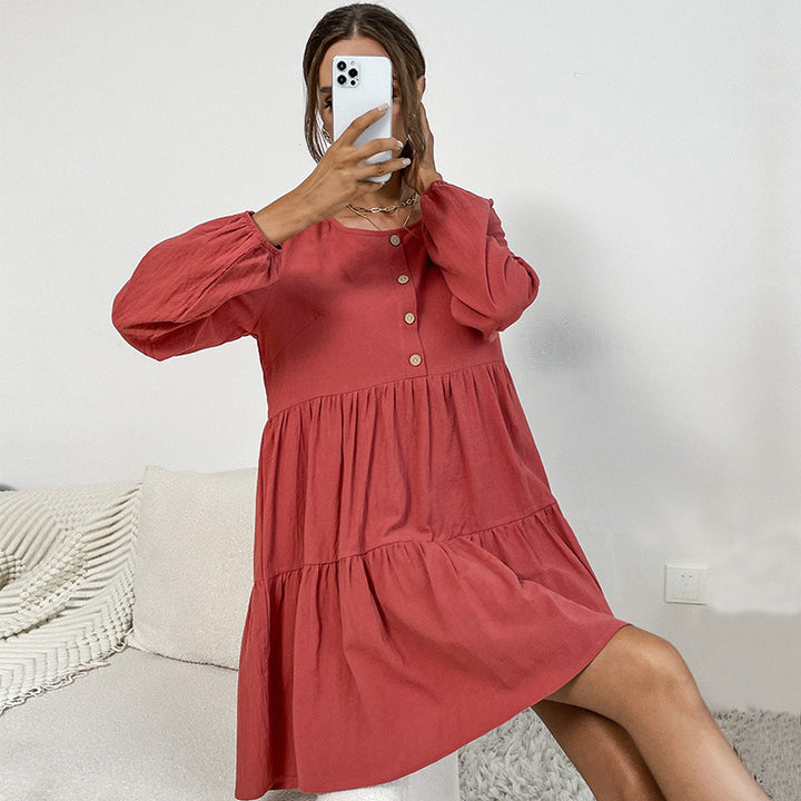 Damen luftiges Sommerkleid mit Knopfleiste und Rüschendetails Drune