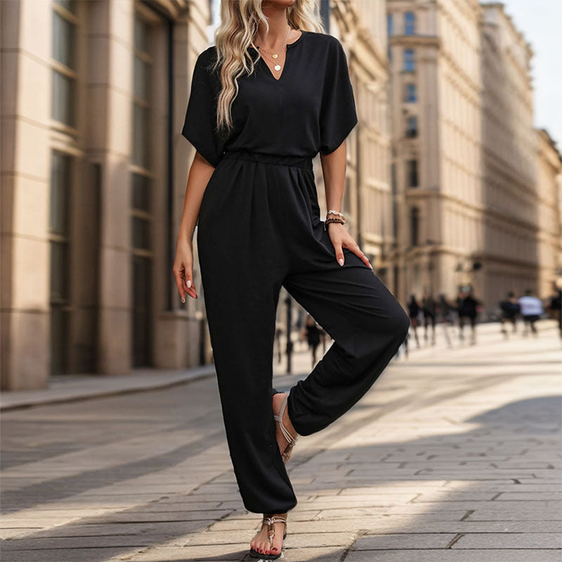 Damen eleganter Jumpsuit mit weitem Bein und komfortablem Taillengürtel Drune