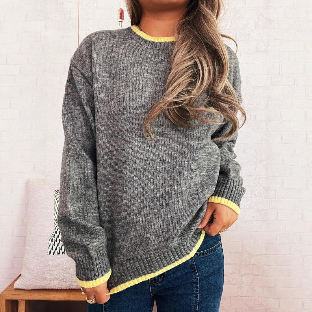 Damen lässiger Pullover mit lässigem Stehkragen und farblich abgesetzten Rippdetails Drune
