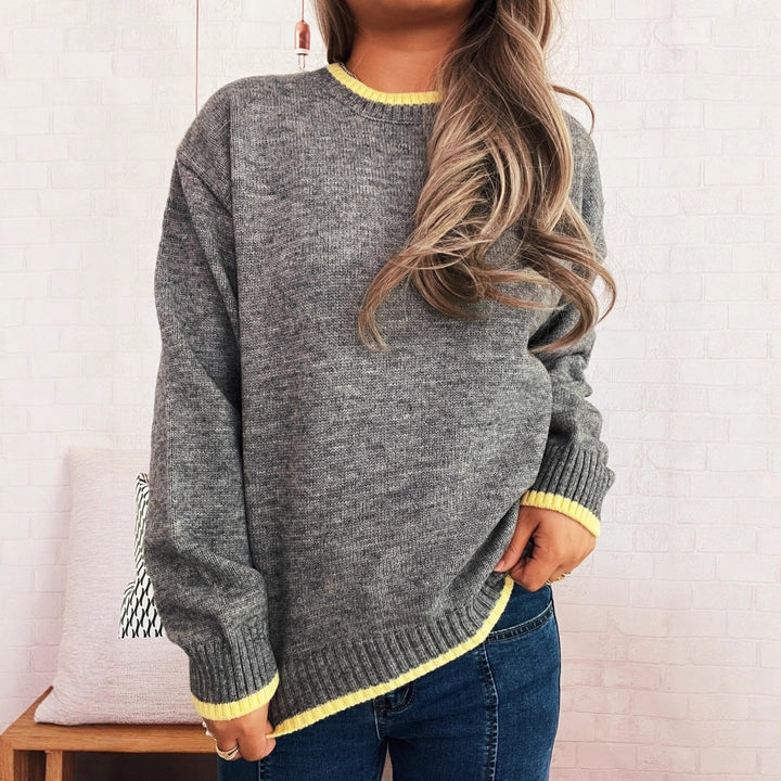 Damen lässiger Pullover mit lässigem Stehkragen und farblich abgesetzten Rippdetails Drune