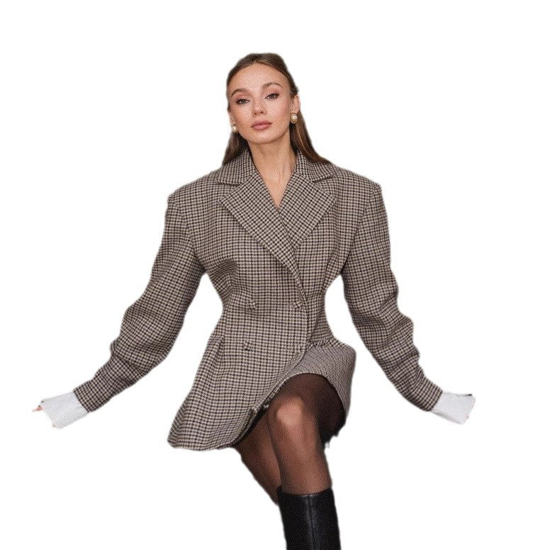 Damen Oversized Karo-Blazer mit doppelter Knopfverschluss Drune