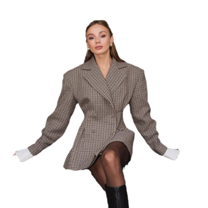 Damen Oversized Karo-Blazer mit doppelter Knopfverschluss Drune