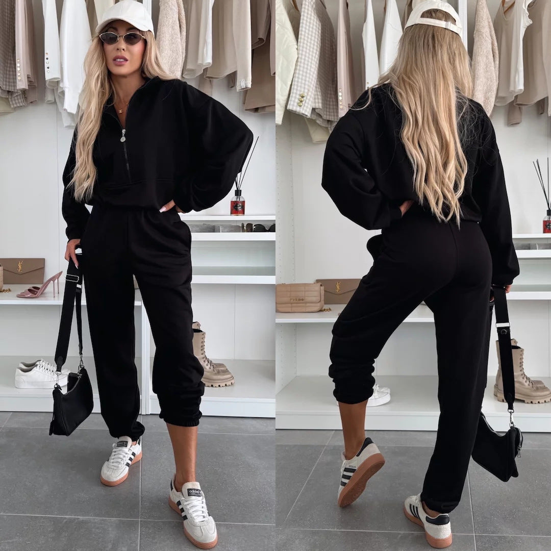 Damen sportliches Loungewear-Set mit modernem Stehkragen und bequemen Reißverschluss hosen Drune