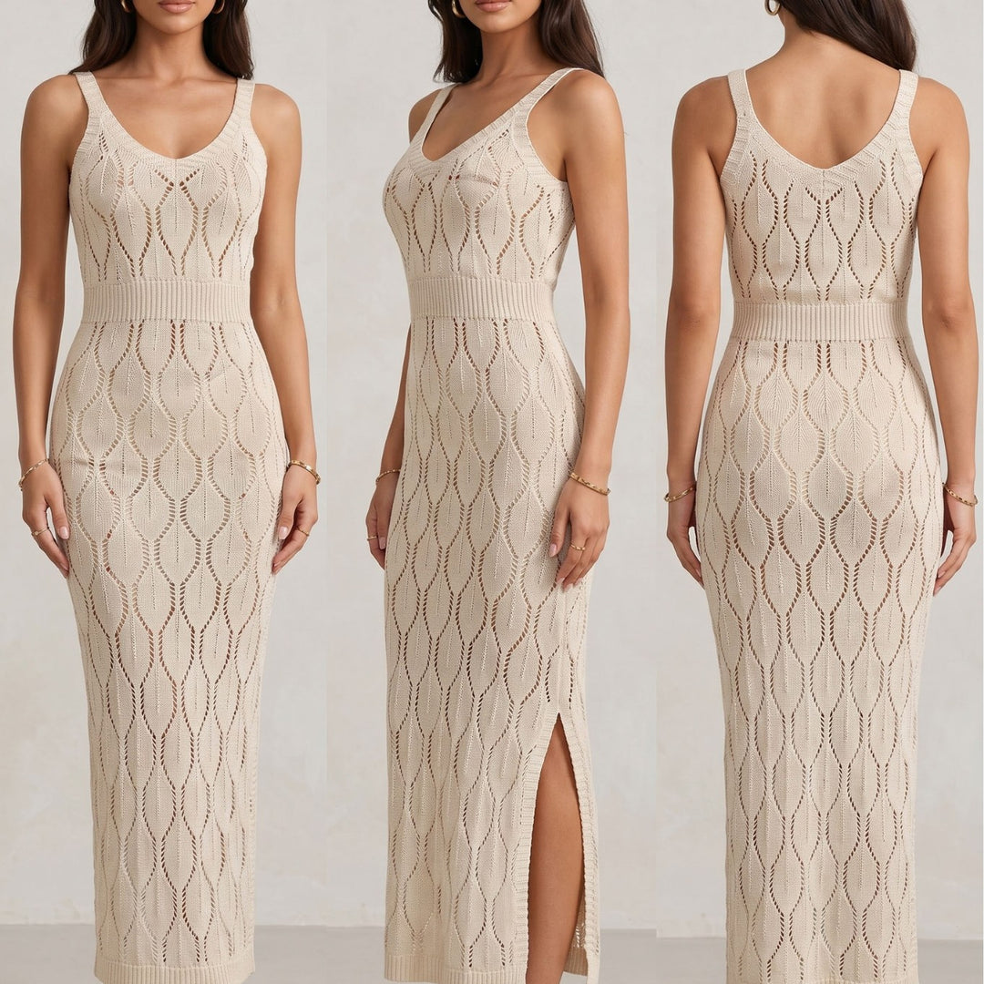 Damen elegantes Strick-Maxikleid mit seitlichen Schlitzen Drune