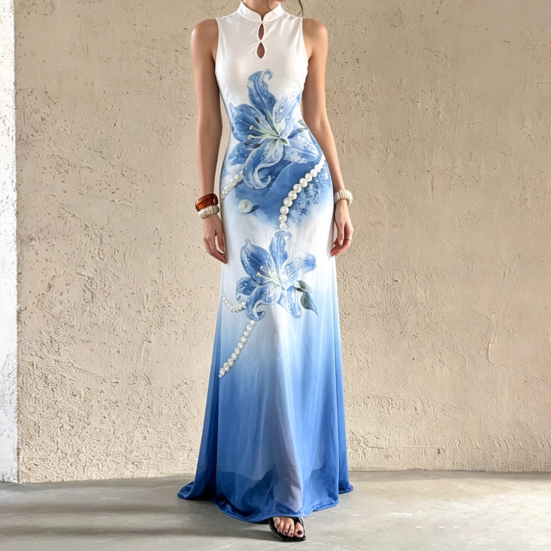 Damen Maxikleid mit floralem Design und elegantem Kragen Drune
