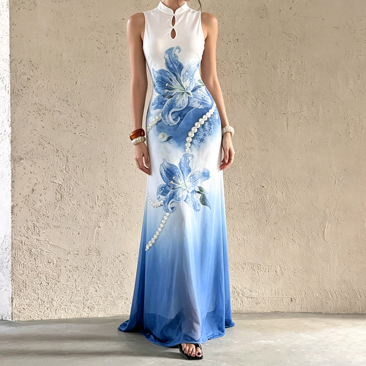 Damen Maxikleid mit floralem Design und elegantem Kragen Drune