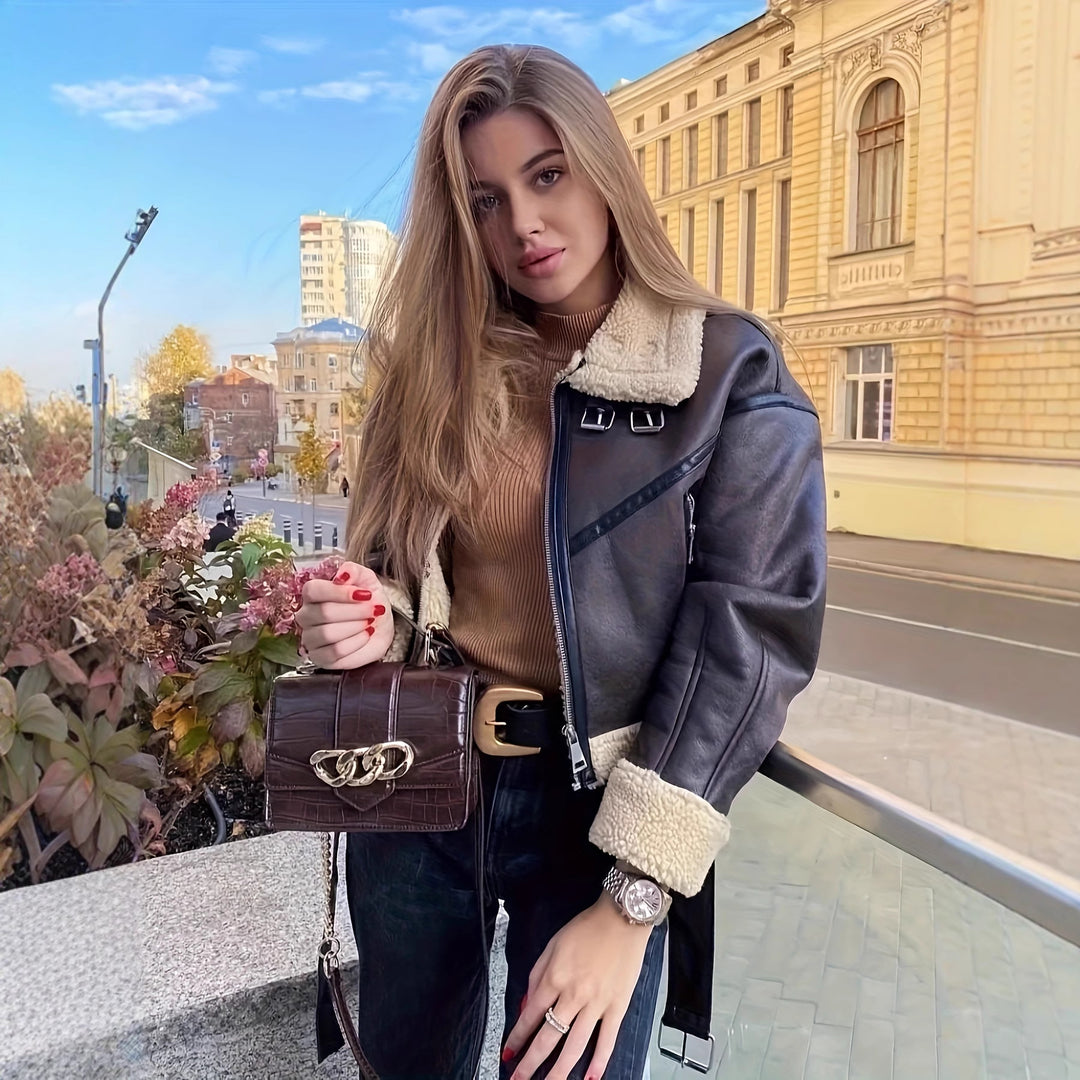 Damen modische Lederjacke mit Innenfutter und Gürtel Drune