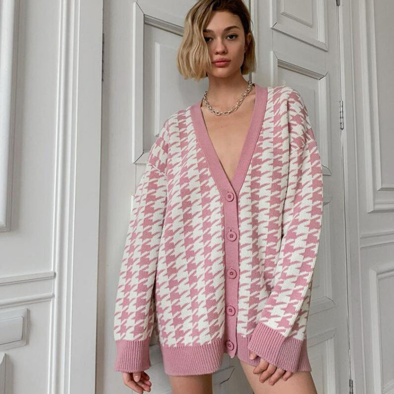 Damen Strickjacke mit modischem Karomuster und tiefem V-Ausschnitt Drune