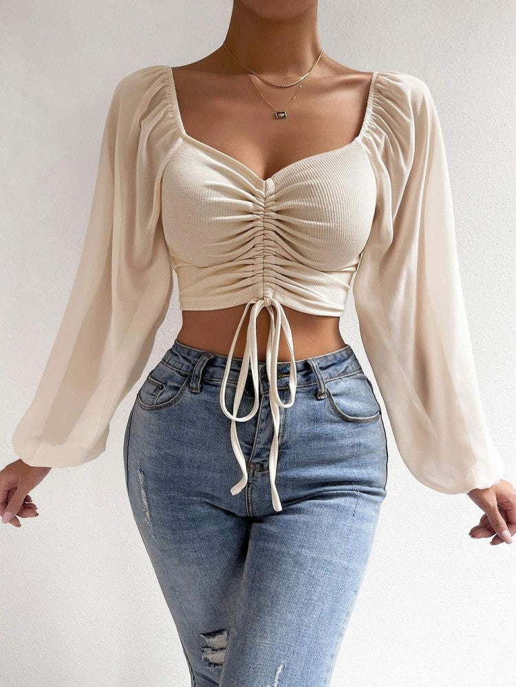 Damen Crop-Top mit strukturiertem Körper und eleganten Puffärmeln Drune
