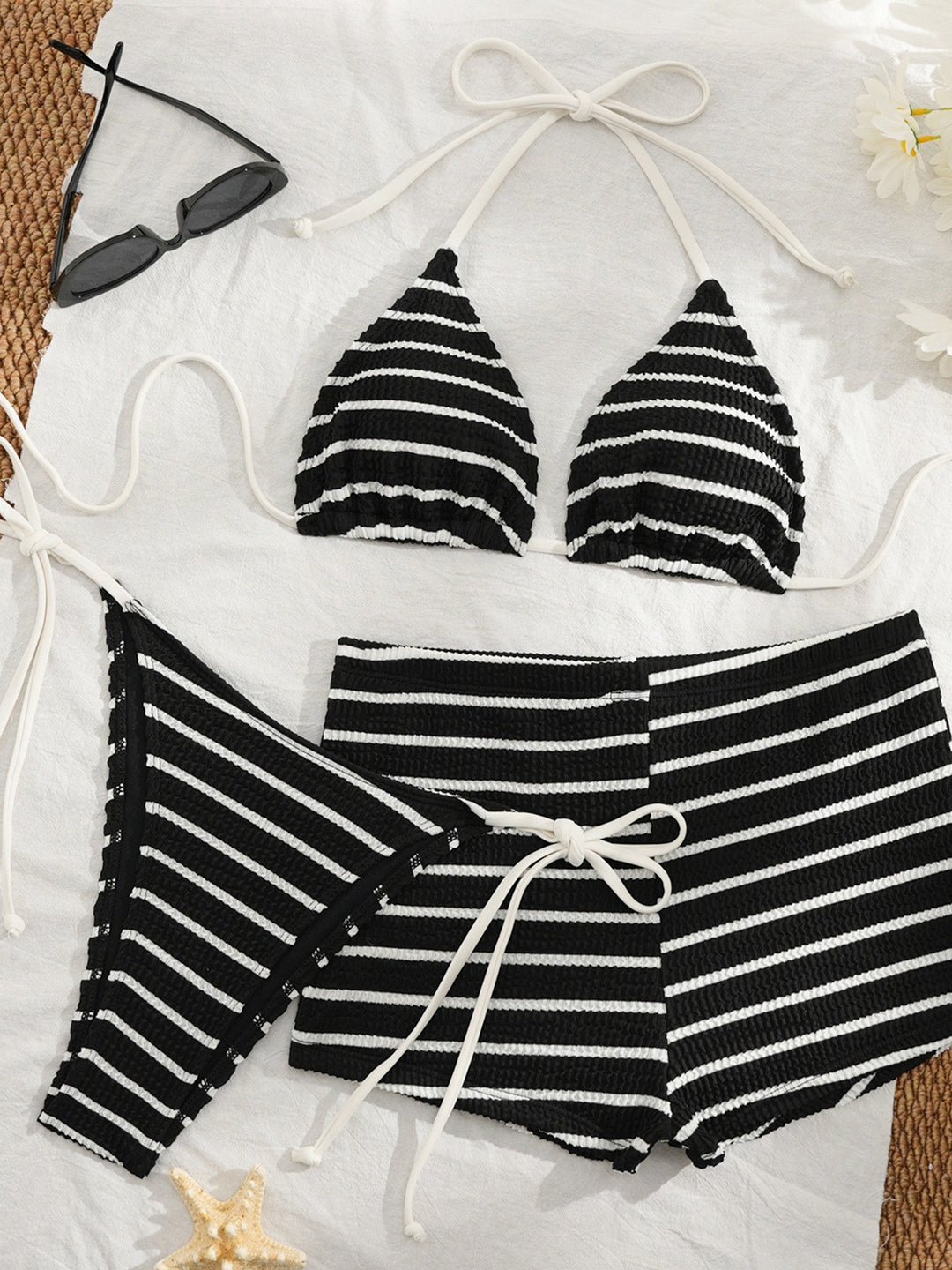 Damen Bikini-Set mit gestreiftem Oberteil und bequemen High-Waist-Hosen Drune