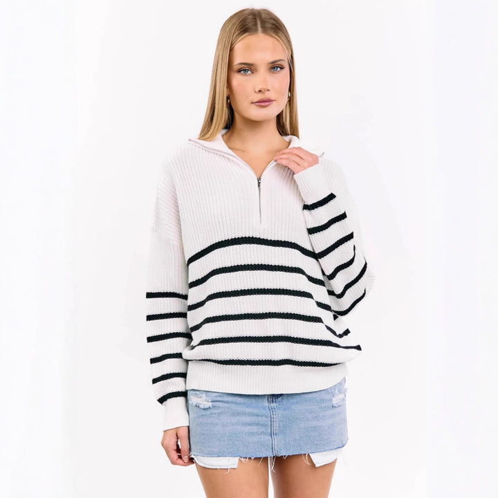 Damen sportlicher Strickpullover mit halbem Reißverschluss und Streifenmuster Drune