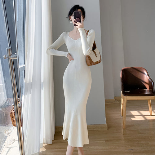 Damen_maximaler_Rippenstrick_Midi-Kleid_Drune