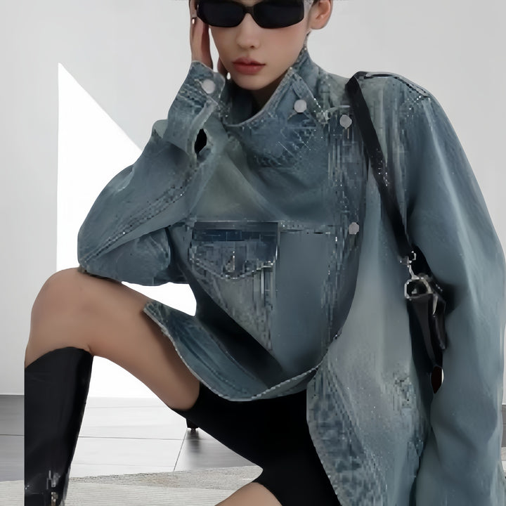 Damen modische Jeansjacke mit asymmetrischem Schnitt Drune