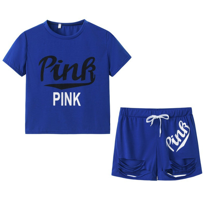 Damen Sportliches T-Shirt und Shorts-Set mit weitem Schnitt und kontrastierenden Aufdrucken Drune