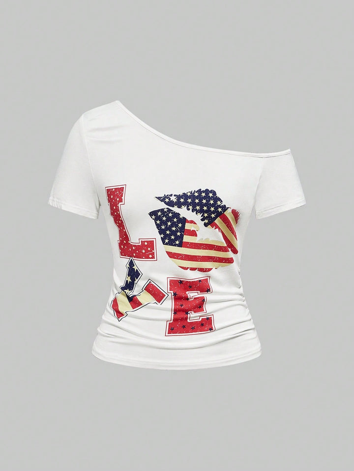 Damen Modisches Shirt mit großzügigem Ausschnitt und einzigartigem Grafikdesign Drune