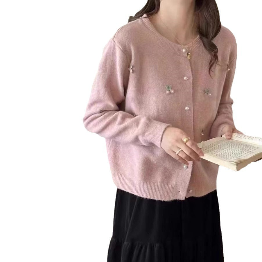 Damen Strickjacke mit feinen Perlen- und Blütenapplikationen Drune