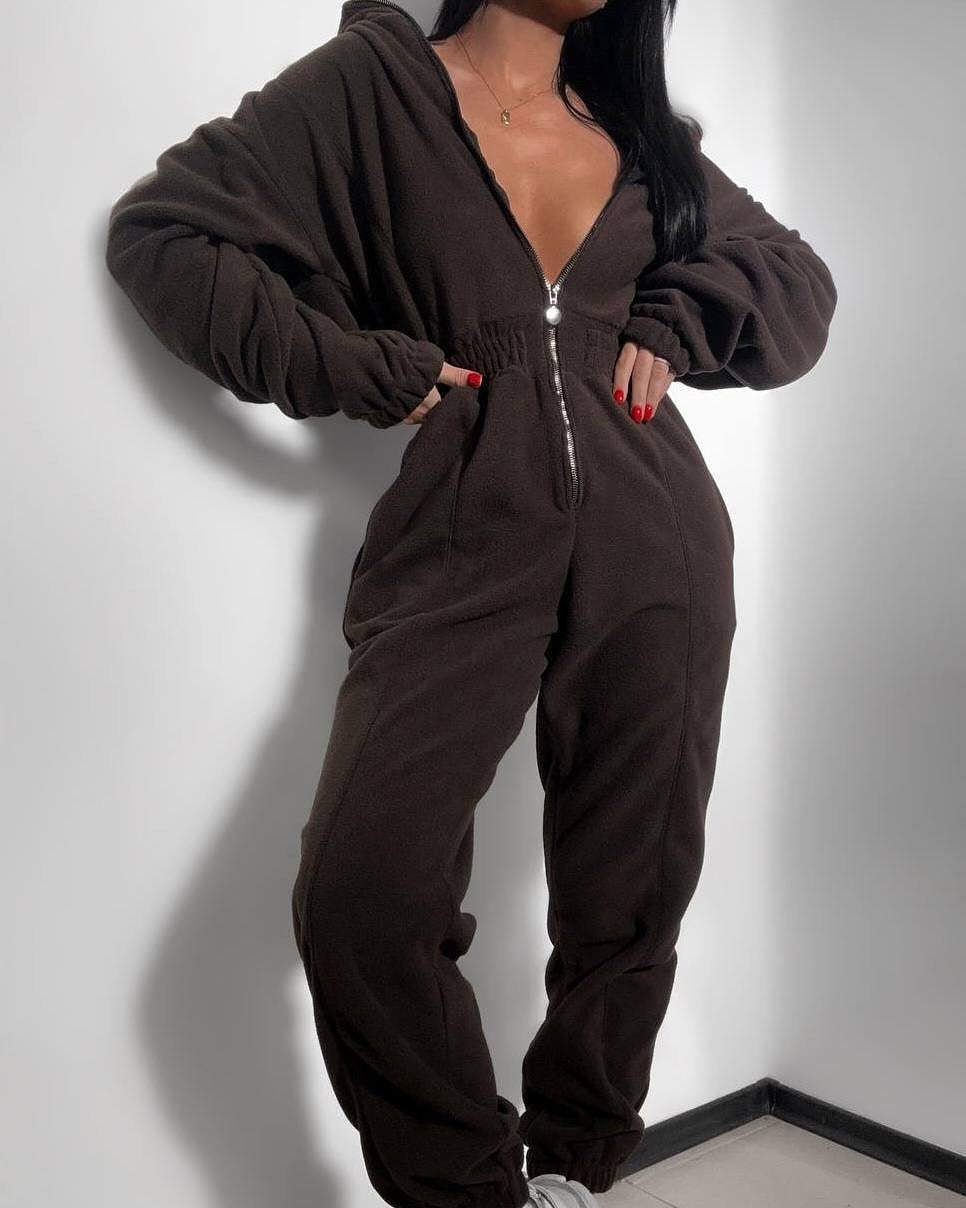 Damen Fleece-Jumpsuit mit Reißverschluss und Kapuze Drune