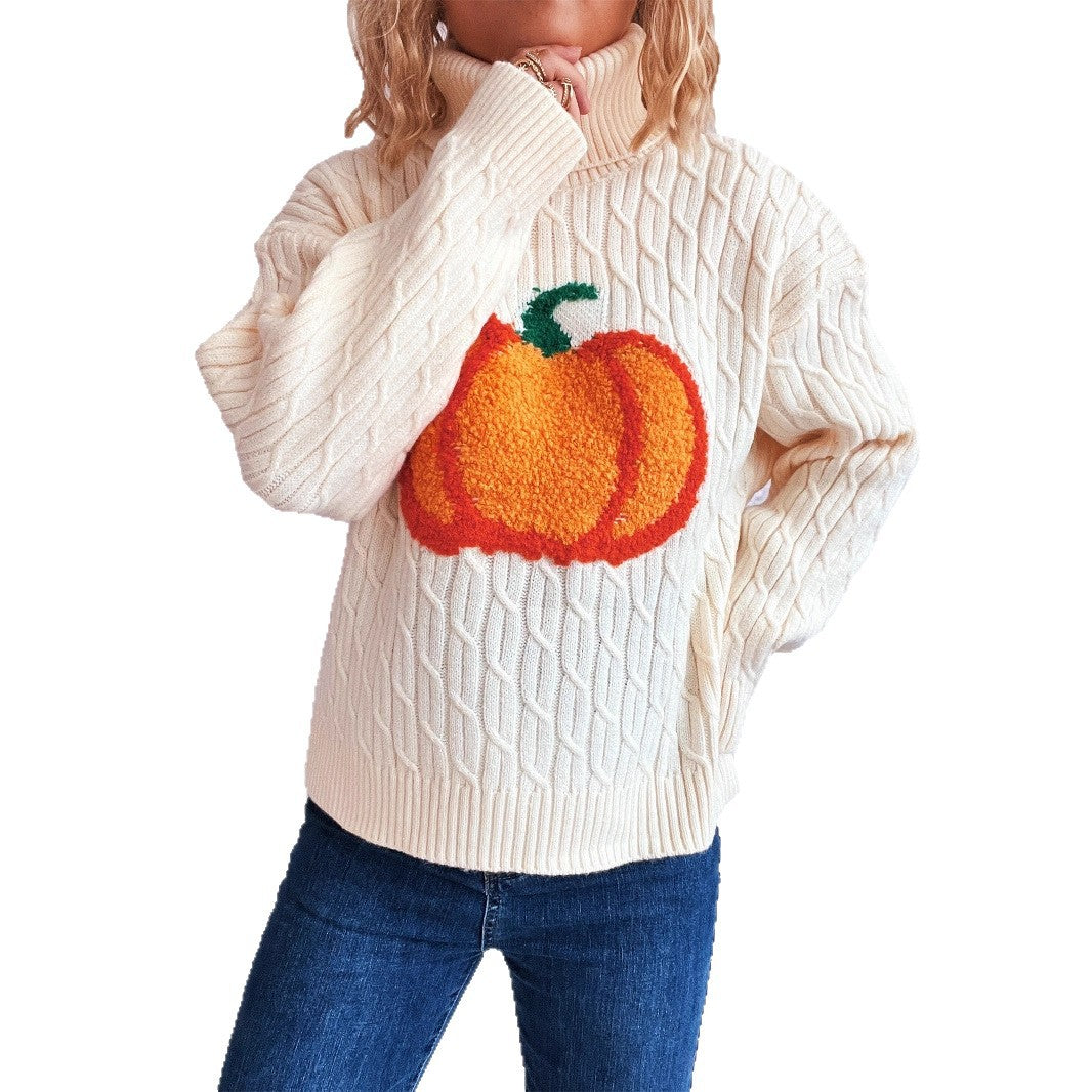Damen Strickpullover mit Rollkragen und fröhlichem Kürbisdesign Drune
