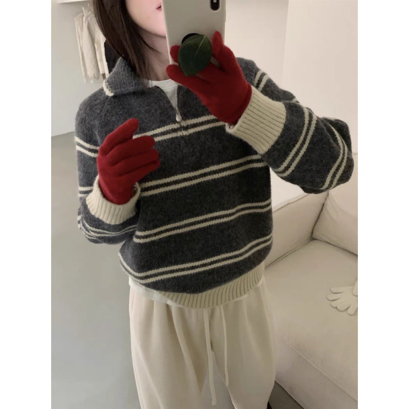 Damen Strickpullover mit Halbreißverschluss und gestreiftem Design Drune