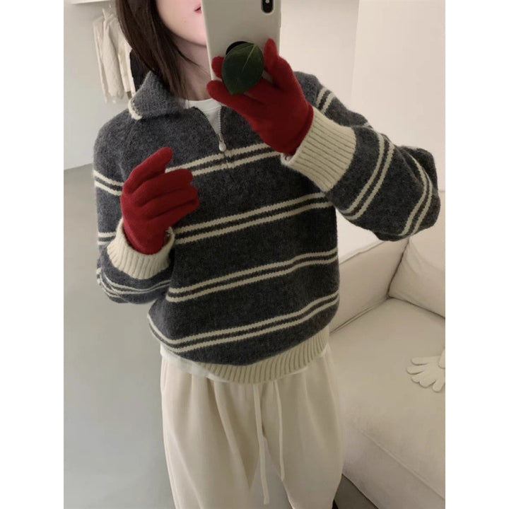 Damen Strickpullover mit Halbreißverschluss und gestreiftem Design Drune