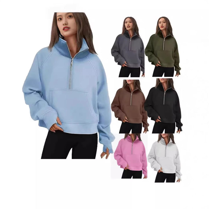 Damen nan kurzer Halfzip-Sweater mit hohem Stehkragen, Kängurutasche und verlängerten Daumenlöchern Drune