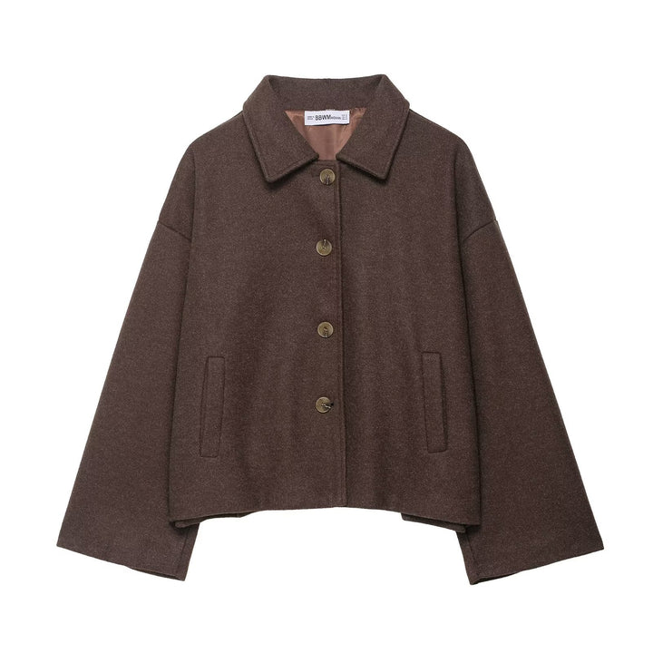 Damen nan kurze kastige Wolljacke mit Hemdkragen, durchgehender Knopfleiste und eingesetzten Eingrifftaschen Drune