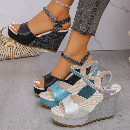 Damen Glamouröse Wedge-Sandaletten mit funkelndem Glitzer und elegantem Riemchen Drune