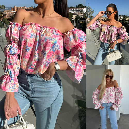 Damen Off-Shoulder Rüsch Blumen Bluse Drune