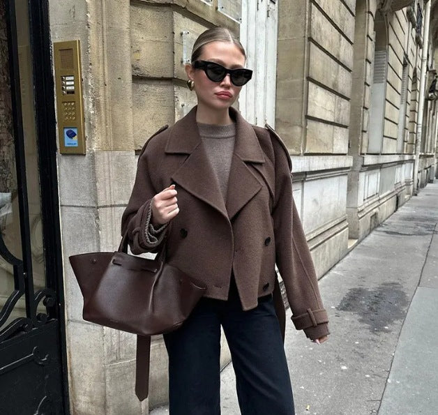 Damen Eleganter Long-Trenchcoat mit strukturiertem Stehkragen Drune