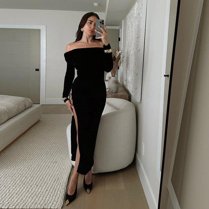 Damen schulterfreies Maxikleid mit eleganter Drapierung und transparentem Oberteil Drune