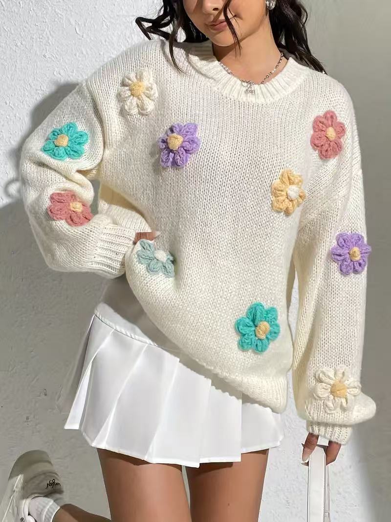 Damen blumengestickter Oversized-Pullover Drune