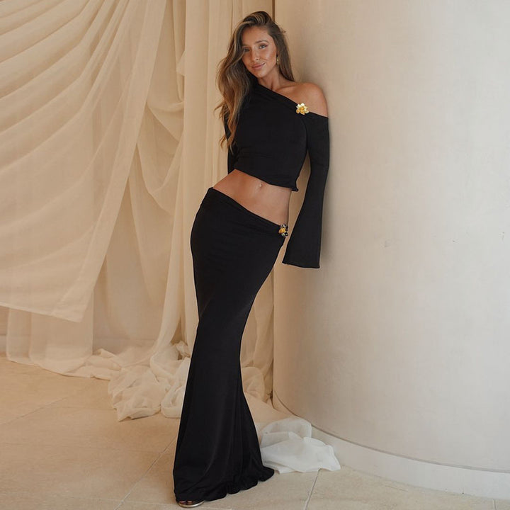 Damen Maxi-Rock mit asymmetrischem Oberteil und eleganten Trompetenärmeln Drune
