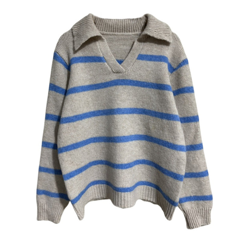 Damen Strickpullover mit V-Ausschnitt und strukturiertem Streifenmuster Drune
