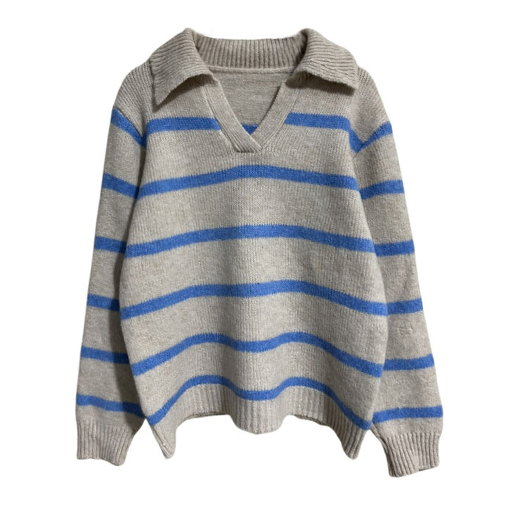 Damen Strickpullover mit V-Ausschnitt und strukturiertem Streifenmuster Drune