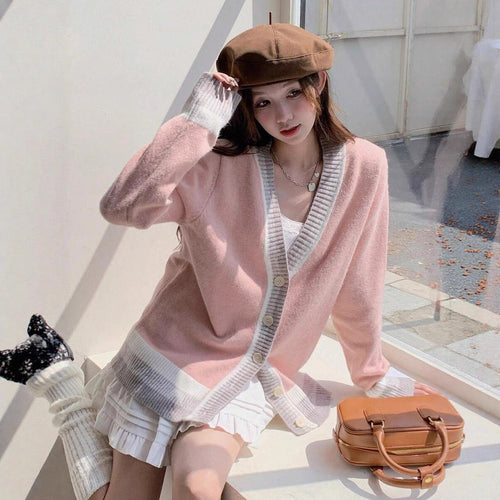 Damen modische Strickjacke mit kontrastierenden Absetzungen und klassischen Knopfdetails Drune
