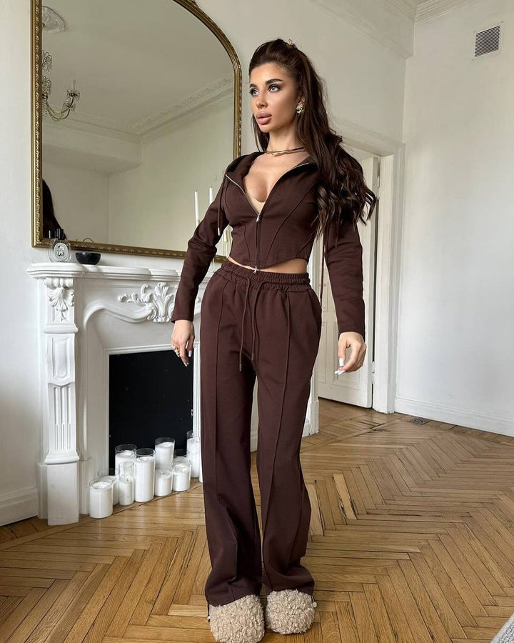 Damen sportliches Zweiteiler-Set mit hochgeschlossener Kapuzenjacke und weitem Hosen Drune